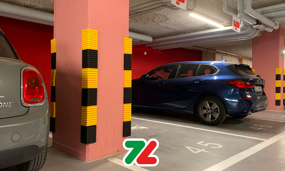 Protezioni gomma antiurto angolari giallo-nero ignifughe per garage e autorimesse